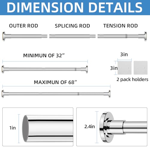 Image of CorkLatta Chrome Shower Curtain Rod,1 Inch Diameter Stainless Steel Adjustable Spring Tension Rods 32 to 68 inch,with Holders,Anti-Slip,Curtain Rods No Drilling(1 Pack)