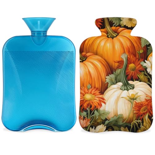 Hot Water Bottle with Soft Cover,2L Graffiti Pumpkin Hot Water Bag for Hot and Cold Compress, Hand Feet Warmer, Watercolor Pumpkin Rubber Hot or Cold Water Bottle Halloween Christmas Decorations