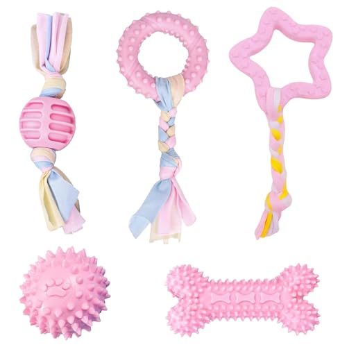 Ajuanbazha 5 peças brinquedos para dentição de cachorros, brinquedos masturáveis de borracha com cordas de algodão, interativos e resistentes para cães pequenos e médios