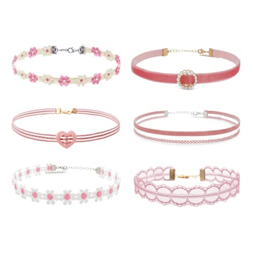 Palotay 6PCS Colorful Daisy Velvet Lace Black Gothic Classic Flower Choker Necklaces - Pink