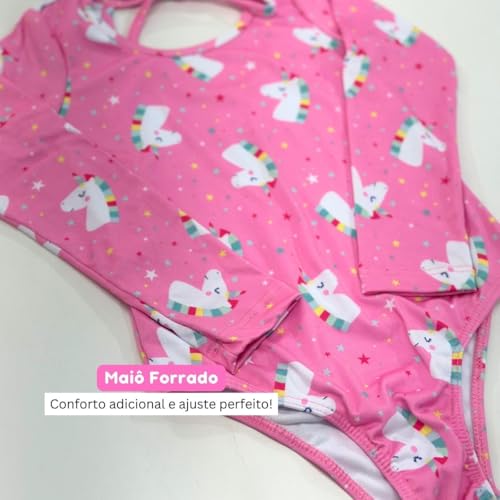 Roupa De Banho Praia Natação Maiô Forrado Infantil Menina (BR, Numérico, 8, Padrão, Unicórnio Rosa)