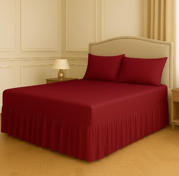 Night Zone Fitted Frilled Valance Sheet King Wine – 25cm Deep Elasticated Sheet with 30cm All-Around Frill – Fits Over Mattress & Down to the Floor – Polycotton Bed Skirt for Bed Base