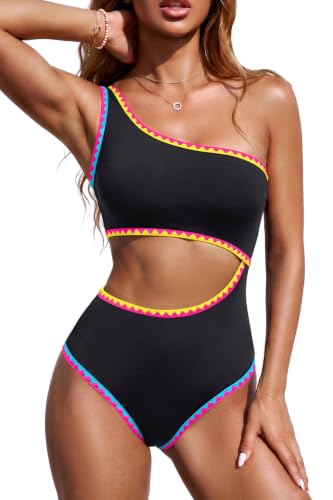 Image of Women's One Piece Swimsuit- One Shoulder Cutout Tummy Control Bathing Suit | Wide Strap, Removable Pads, Full Coverage, Full Lined, Colorblack, Sexy, Chafe-free skin via clasp-free back
