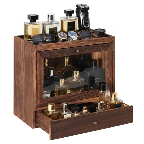 Image of Cologne Organizer for Men,Perfume Stand Holder,Cologne Shelf, Solid Wood Cologne Stand with Drawer Storage and Clear Window,Organizador de Perfumes,Perfume Stand Organizer,Brown