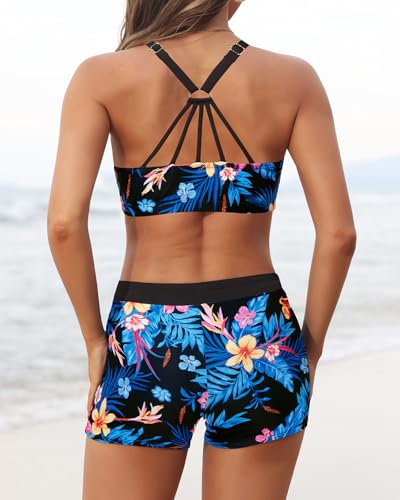 Image of Aqua Eve 3 Piece Tankini Swimsuit for Women Tank Bathing Suit with Shorts Open Back Athletic Swimwear