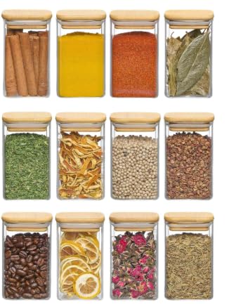 Image of 270 Ml Glass Spice Jars Set with Bamboo Lids & Square Spice Jars for Kitchen Storage and Organization set of 12(12, SQUARE BAMBOO LID GLASS JAR 270 ml -)