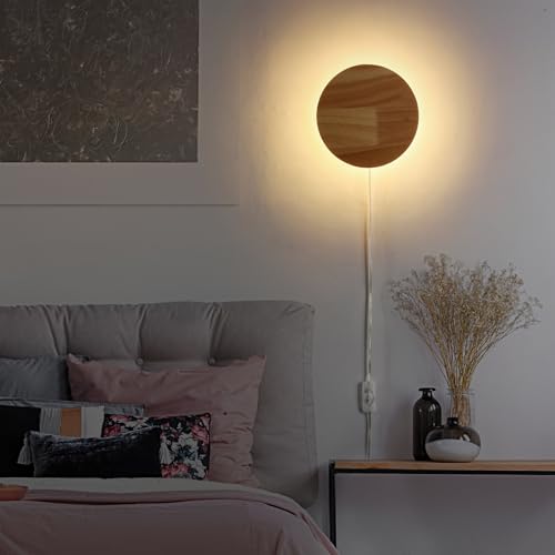 Image of Modern Minimalist Plug in Wall Sconces, Plug-in Or Cordless 11.8'' Round Wood Backlight LED Wall Lamp, 25W, 2500LM Warm White Brightness Wall Light Fixtures for Bedroom, Living Room Wall Decor