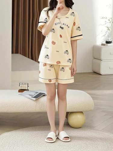 Image of Louis Luxe Cotton Blend Womens Korean Night Dress || Short Pyjama Set || Korean Nightsuit || Women Nightwear ||Round Neck Short Sleeve Nightsuit || Loungewear || Everyday Nightdress