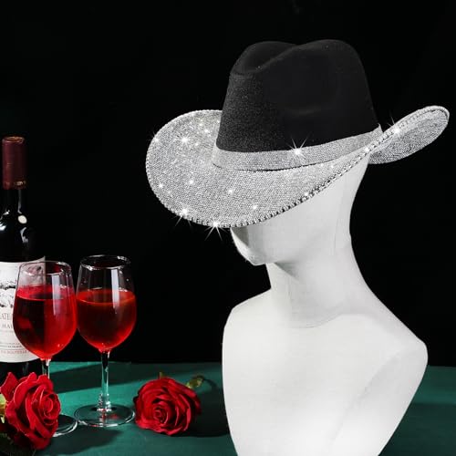 Image of Hercicy Rhinestone Cowboy Hat with Diamond Fringe CowHat for Cosplay Wedding circumference between 21.5 and 23.5 inches