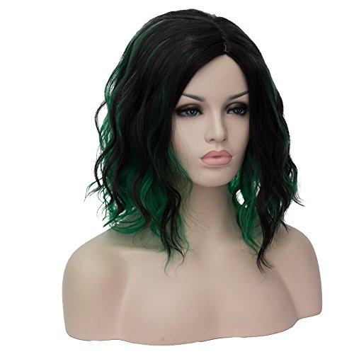 Image of BERON Black and Green Wigs Women Short Curly Wavy Wig Girls Mixed Color Shoulder Length Side Part Halloween Cosplay Party or Daily Use Wig
