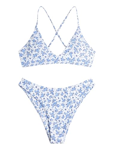 Image of ZAFUL Women's Tie Back Padded High Cut Bralette Bikini Set Two Piece Swimsuit