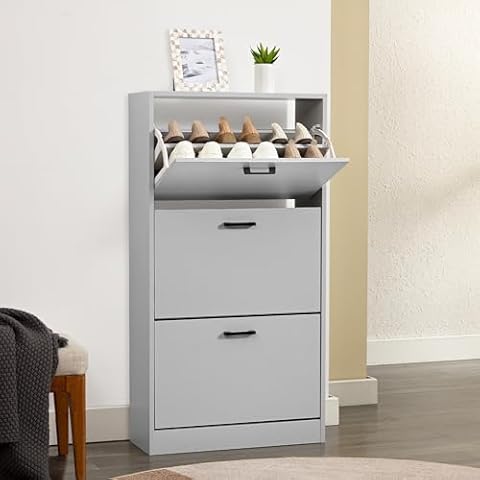 Light Grey Shoe Storage Cabinet with Drawers Cover