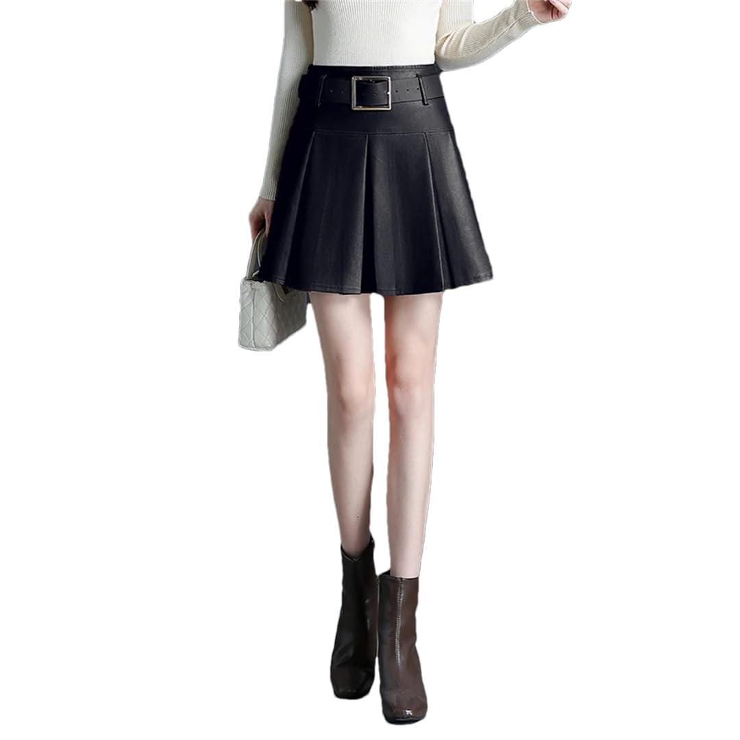 Minifalda plisada de piel sintética para mujer, cintura alta, simple, elegante, corta