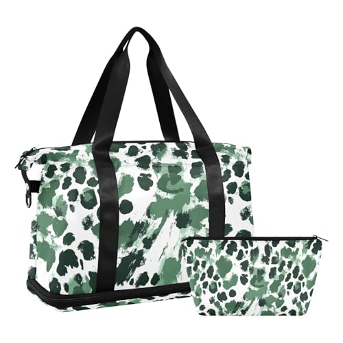 ALAZA Green White Leopard Spots Gym Bag Sports Duffel Bag with Shoes Compartment, Overnight Weekender Travel Tote Bag for Women Men Trip College