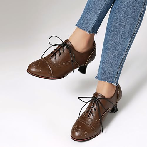 Womens Chunky Low Heel Oxford Pumps Kitten Heel Lace Up Pumps3