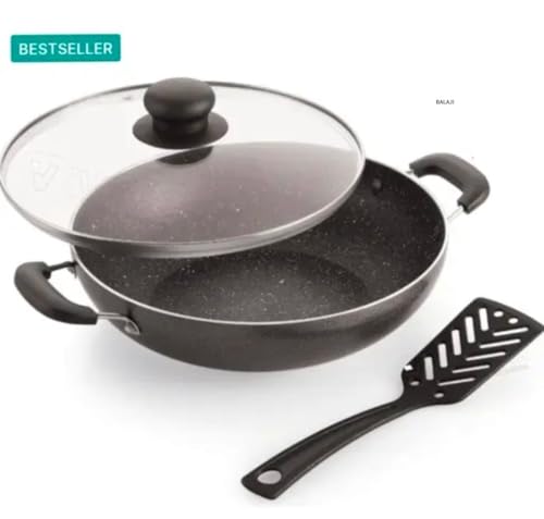 Image of BLAL Non-Stick Kadai with Glass Lid, Aluminium, 24 cm, 2.45 Litre, Non-Stick Coating, Deep Frying, Grey