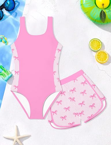 Image of Girls Swimsuit One Piece Swimsuits Color Block Bathing Suit for Girls Adjustable Strap Padded Swimwear with Shorts