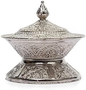Alisveristime Traditional Ottoman Turkish Handmade Zamac Sugar Bowl with Lid (Diameter 3.34", Length 3.54"), Intricate Motifs, Ideal for Coffee and Tea Serving, Available in Gold and Silver (Silver)