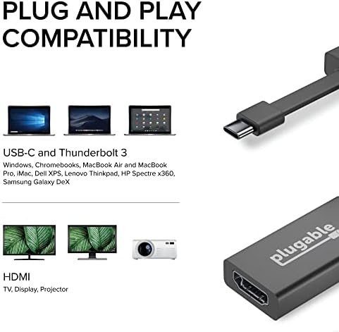 Plugable USB C to HDMI Adapter 4K 30Hz, Thunderbolt 3 to HDMI Adapter Compatible with MacBook Pro, Windows, Chromebooks, 2018+ iPad Pro, Dell XPS, Thunderbolt 3 Ports and more