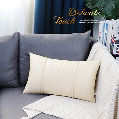Image of BRAWARM Cream Leather Throw Pillow Covers 12 X 20 Inches - Faux Leather Lumbar Pillow Cover with Piping, Hand Stitched Leather Throw Pillow for Couch Sofa Bed Living Room Home Decorative