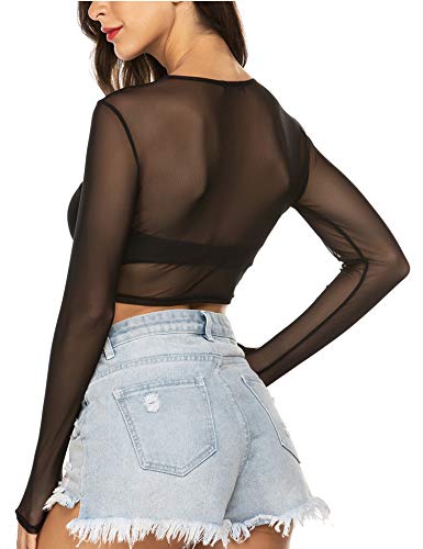 ADOME Women's Crop Mesh Tops for Women Long Sleeve Mesh Crop Top Black XXL