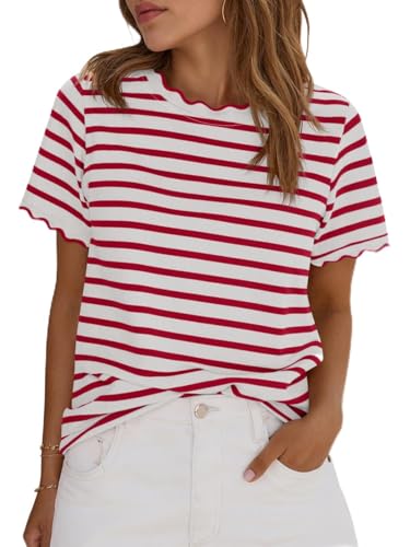 Tankaneo Womens Short Sleeve Striped Tshirts Summer Color Block Scalloped Tops Trendy Casual Basic Tee Shirts Red