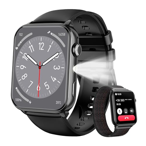 IOWODO Smartwatch Herren Damen | Bluetooth Anrufe & LED-Leuchte | SpO2 & Schlafüberwachung | 350mAh (6+ Tage) | 2 Armbänder (Silicone/Nylon) | Fitnessuhr für Android & iOS