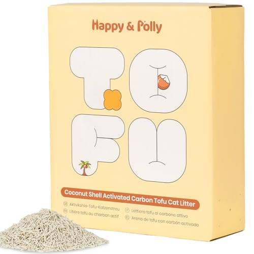 Happy & Polly Lettiera al tofu per gatti 5 kg, agglomerante rapida con carbone di cocco, senza polvere e ad alta capacità assorbente, controllo degli odori, lavabile nel WC, con pochi residui.