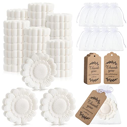 48 Stück Sonnenblumen-Stil Mini-Seife für Hochzeit, Party, Brautparty, Babyparty, Gäste, Andenken, Muttertagsgeschenke, niedliche handgefertigte Seife mit Dankeskarte und Organza-Beuteln Cover
