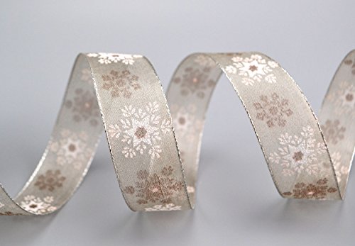 Deko Angels Decorative Ribbon Wonder SnowflakesTaupe/Silver 20 m x 25 mm Gift Ribbon Christmas Transparent Ribbon Fabric Ribbon Snowflakes Stars Shiny Edges with Wire - Image 2
