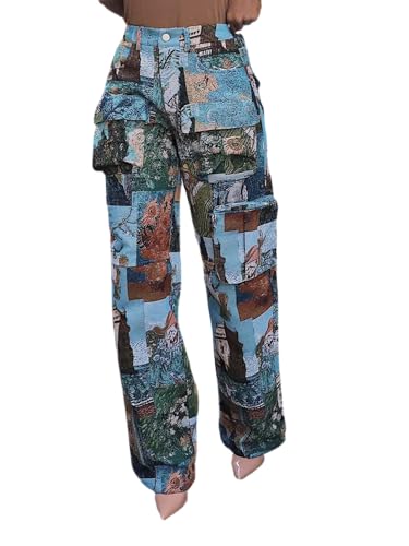 Angsuttc Cargo Pants Women High Waisted Wide Leg Trousers Patchwork Art Print Streetwear with Multi Pockets Lake Blue XL