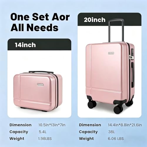 Image of 2 Piece Carry on Luggage Set, 14 inch 20 inch Hardshell Suitcase with TSA Lock & 360 Silent Spinner Wheels, Durable Lightweight for Business Travel Family Vacation, Airline Approved (Pink)