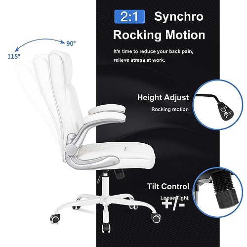 Image of Misolant Desk Chair, Big and Tall Office Chair with Flip Up Armrest, PU Faux Leather High Back Executive Computer Desk Chair with Rocking Function Ivory White