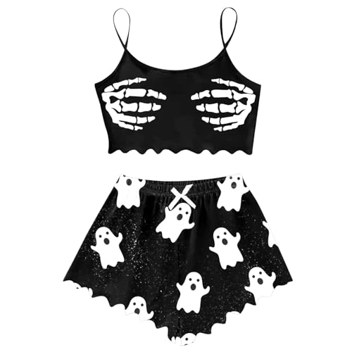 Conjunto de pijama corto para mujer, chaleco sin mangas y pantalones cortos, estampado de Halloween, ropa de dormir cómoda, ropa de dormir, 04# Negro, S