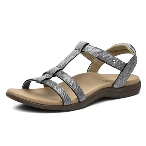 Rihero Arch Support Orthopedic Sandals for Women Comfortable Dressy Summer Orthotic Flat Sandals for Beach Walking Grey Emboss Size 11