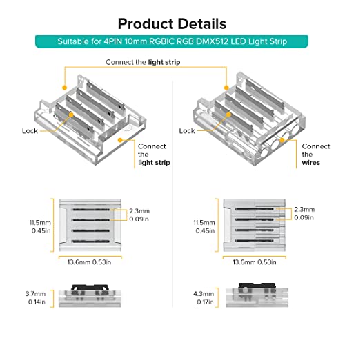 BTF-LIGHTING SMD 4pin 10mm Connector kit 12pcs Transparent Connector 4pcs 15cm Long 22AWG Extension Cable Wire to Board for gapless Soldering and 4pin LED Light Corner Connection - Image 3