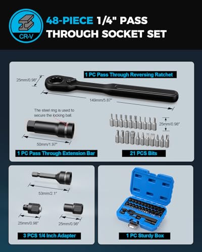 ZOMIYU 1/4-Inch Drive Pass Through Socket Set, 48-Piece Go-Thru Ratchet Kit, Metric & SAE, Low Profile for Long Bolts & Tight Spaces, Includes Extension Bar & Adapters, Cr-V Steel - image 3