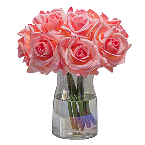 DUYONE Artificial Roses Single Stem 10pcs Fake Silk Flower Arrangement Bouquet for Home Party Wedding Decoration(Deep Pink)