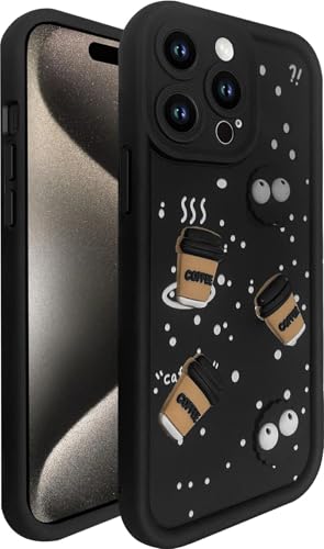 Image of SHINESTAR Back Cover for iPhone 15 Pro - 3D Cartoon Coffee & Eyes Design | Soft Silicone Shockproof Case with Full Camera Protection | Cute & Playful Phone Cover - Black