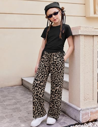Image of Arshiner Girls 2 Piece Outfit Ruched Drawstring Tops and Wide Leg Pants Set