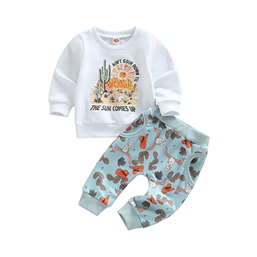 Image of Omkzanbi 2Pcs Baby Boy Fall/Winter Clothes Long Sleeve Pullover Sweatpants Crewneck Sweatshirt Joggers Pants Western Outfit