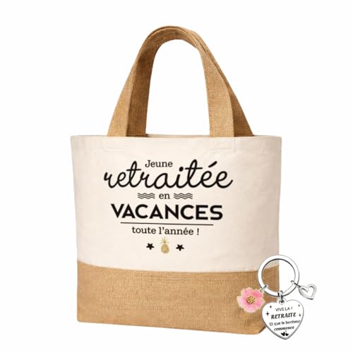 AHEZQILU Sac et Porte-clés Cadeau Retraite Femme, Cadeau Depart Retraite Original, Tote Bag Femme Toile de Jute, Sac Cabas Courses Plage avec Message Jeune...