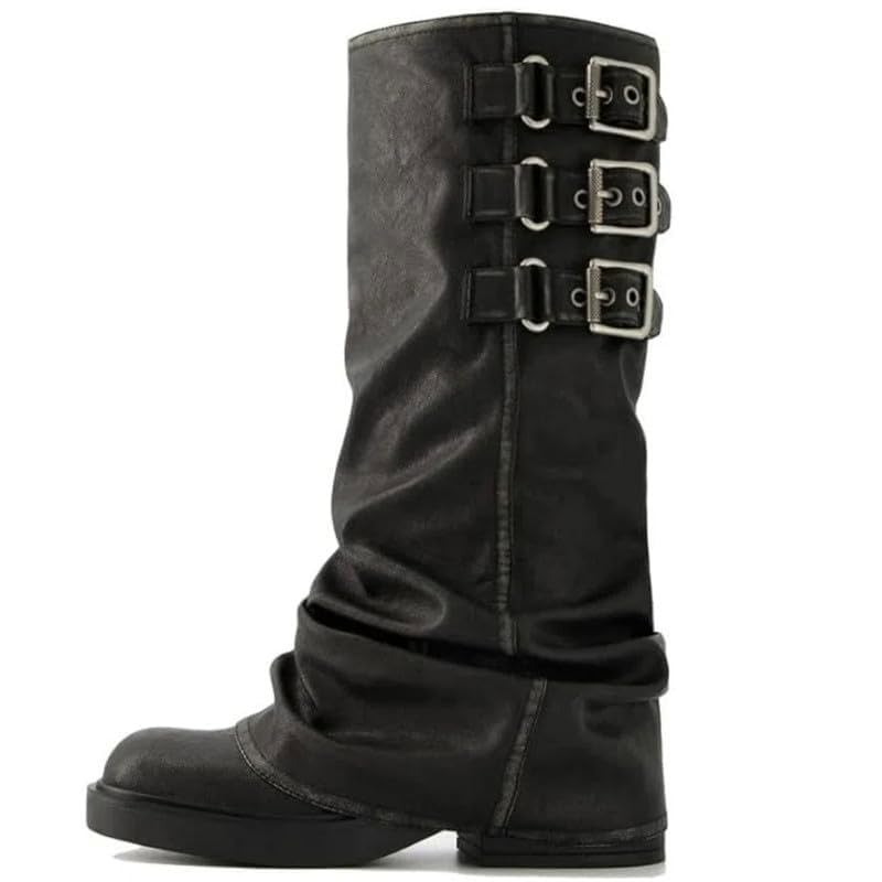 Fold Over Knee High Boots for Women Slouchy Chunky Goth Platform Boot Wide Calf Round Toe Pull On