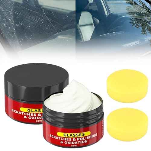 Glass Scratch Remover Kit 2 Pcs Windscreen Scratch Remover for Glass Polish 30g/1.05oz Glass Emulsion for Car Scratch Remover with Sponges for Windscreen Mirrors Windows Scratch