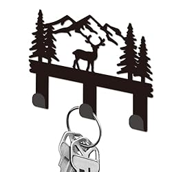 DELORIGIN Mountain Forest Deer Key Holder for Wall, Black Iron Key Hooks Wall Mounted Keys Rack with 3 Hooks, Small Key Hangers House Key Holder for Keys Bag Dog Leash Storage Wall Decorative Entryway