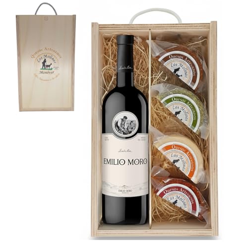 Estuche Gourmet 4 Quesos Artesanos de Leche Cabra con Botella Vino Tinto Emilio Moro | Caja de Madera | Queso Semicurado, Romero, Pimentón y Curado | Regalo Gastronómico | Ganadería Propia