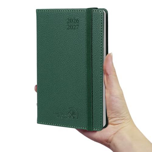 POPRUN 2026-2027 Pocket Weekly Planner Calendar, Size 4'' x 6.25'', Academic Planner (Jul 2026 - Jun 2027) Horizontal Layout with Lined Sections, Leather Hardcover, 100GSM Paper - Forest Gre