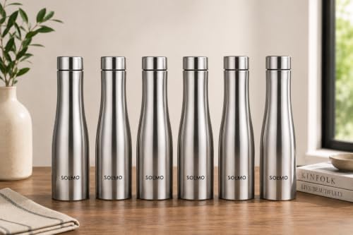 Image of Solimo Water Bottle Quality Hi-Rise Stainless Steel Single Wall 1000ML, Fridge Water Bottle |BPA Free | single wall Leak-Proof, Best for School /Office /Home /College /running (Pack 6)