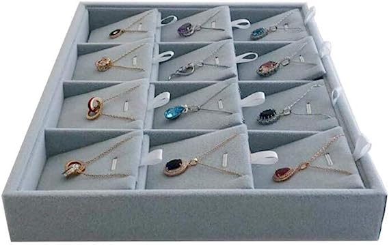 Image of 12 Slot Pendant Earring Card Tray Grey Velvet Jewelry Drawer Organizer Tray Stackable