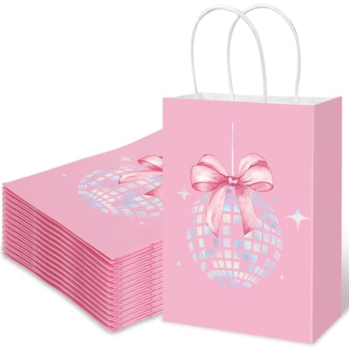 FYSUIMU 16Pcs Disco Ball Bow Paper Gift Bag Pink Holographic Candy Bag with Handle Coquette Goody Treat Bags for Bachelorette Bridesmaid Party Favor Supplies, 5.9 x 8.3 x 3.1 Inch
